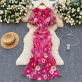 French high-end elegant heavy embroidery floral round neck lantern sleeve cinched waist slimming mermaid tail evening gown dress
