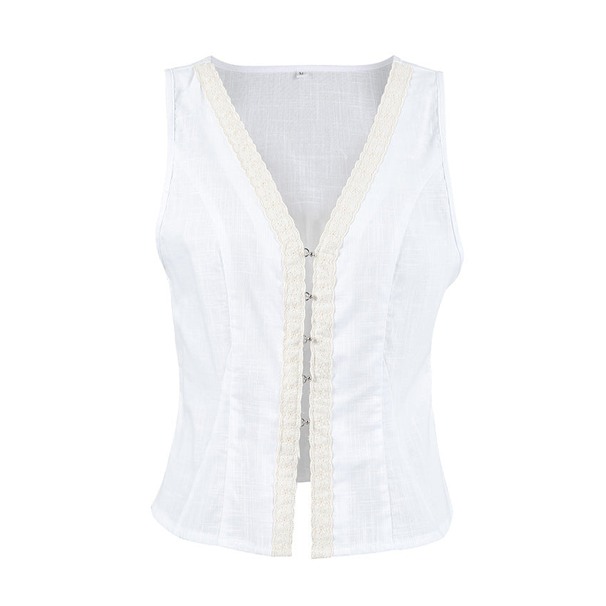 European and American fashion V-neck white vest women's 2025 summer  temperament bamboo cotton lace cardigan top women's clothing