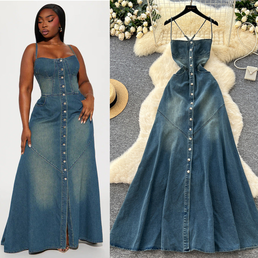 Frenchretroclassy square collar halter suspender single breasted denim dress female pure lust hot girl backless long skirt