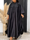 Solid color satin stand collar lace elegant dress - loose fit irregular drawstring chic african bubu robe dress
