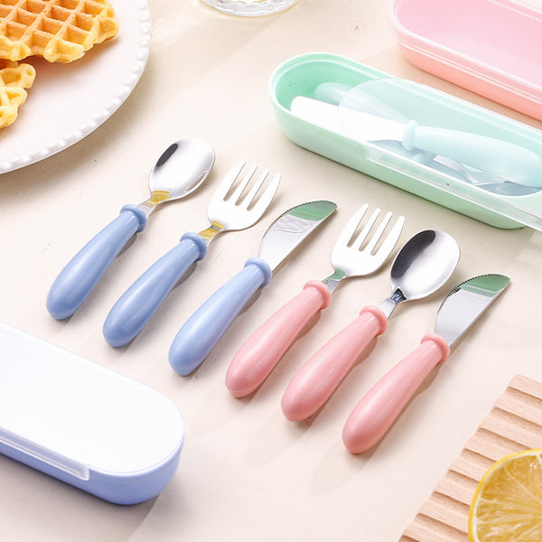 Cute baby portable knife, fork and spoon feeding training tableware set, stainless steel children's mouth-free tableware wholesale