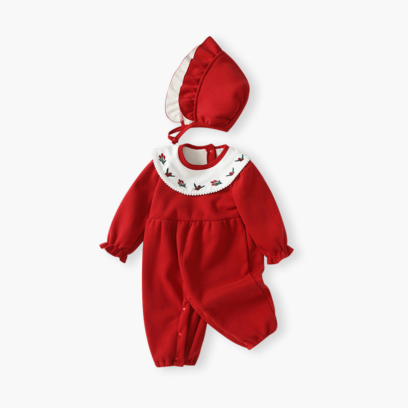 Newborn baby clothes 100-day celebration bodysuit romper one-year-old red fleece-lined long sleeve crawling suit autumn/winter