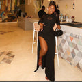 Fashion styleexportnew arrival silm women's slit pure color slightly see-through hip skirt round neck design long sleeves trendy dress