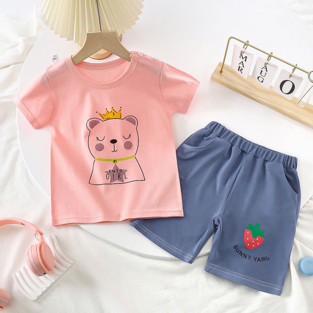 summer kids' short-sleeve set: toddler & children's pure cotton denim casual short-sleeve & shorts two-piece outfit - dropshipping available