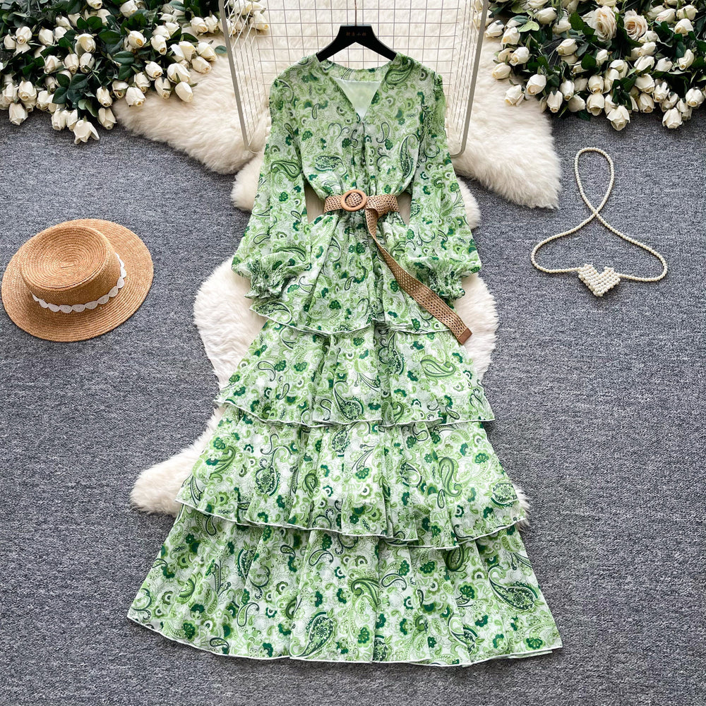French retro floral v-neck long sleeve dress - women's summer korean style slimming ruffle tiered cake dress - romantic & chic