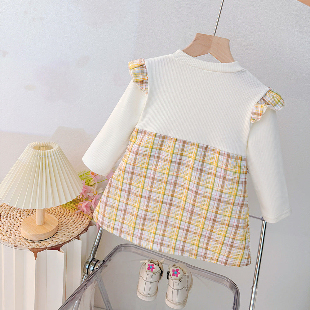 Girls' dress  autumn collection: adorable baby girl dress with cartoon bunny and plaid patchwork, long sleeve