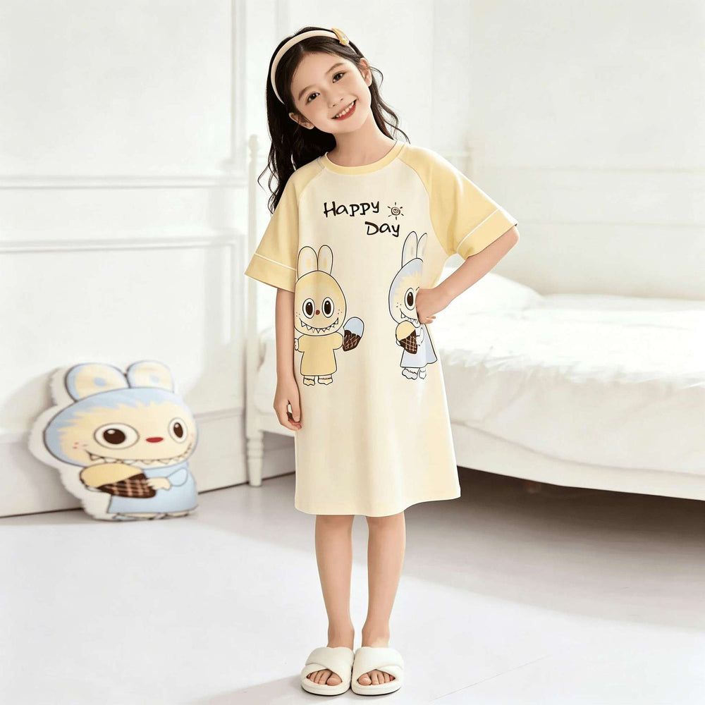 [family style] girls' zhongda tong pajamas suit summer short sleeve baby cartoon cute home clothes nightgown
