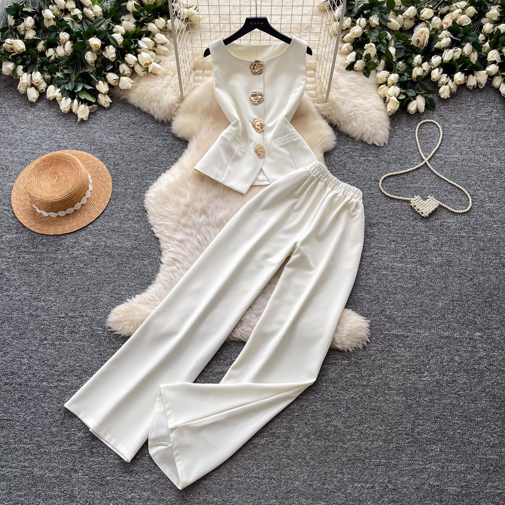 K-stylework clothing style stereo flower decoration vest high waistloose pantstwo-piece set female summervestslimming looksuit