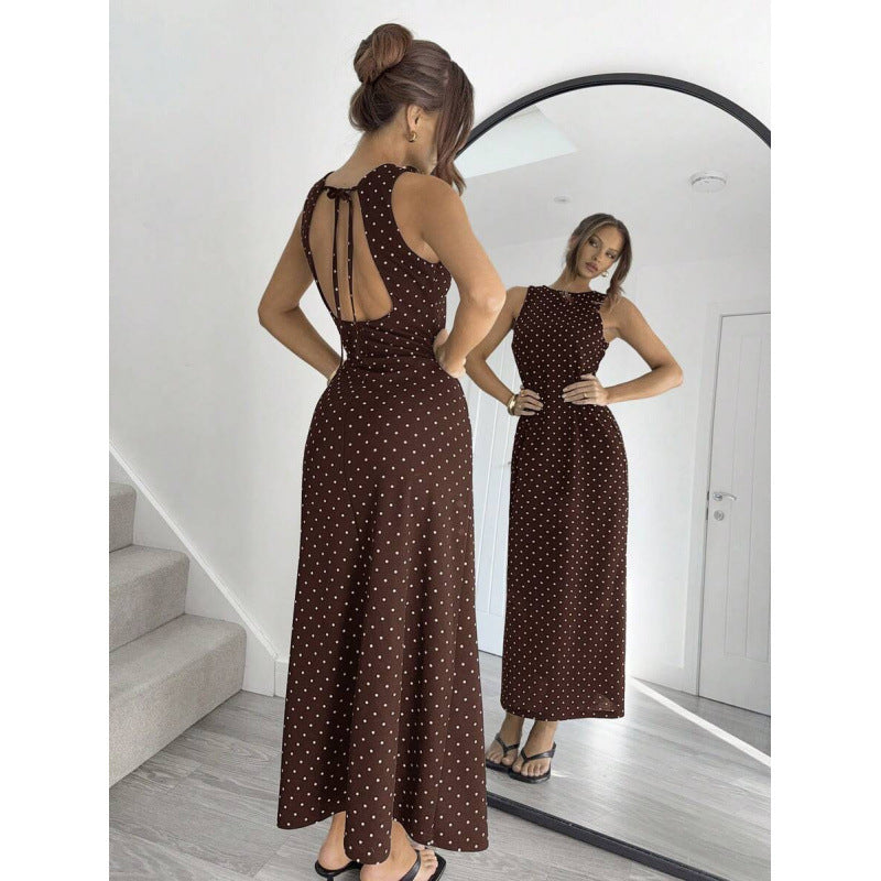 Amazon fashion summer new arrivalretro polka dot printing tie back backless casual vacation style dress for women