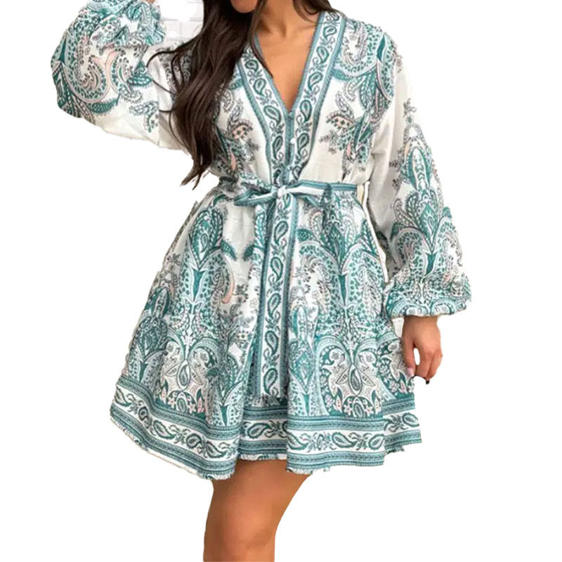 summer new arrivals: women's clothing - cross-border european & american hot seller - vintage print lantern sleeve v-neck tie-up dress