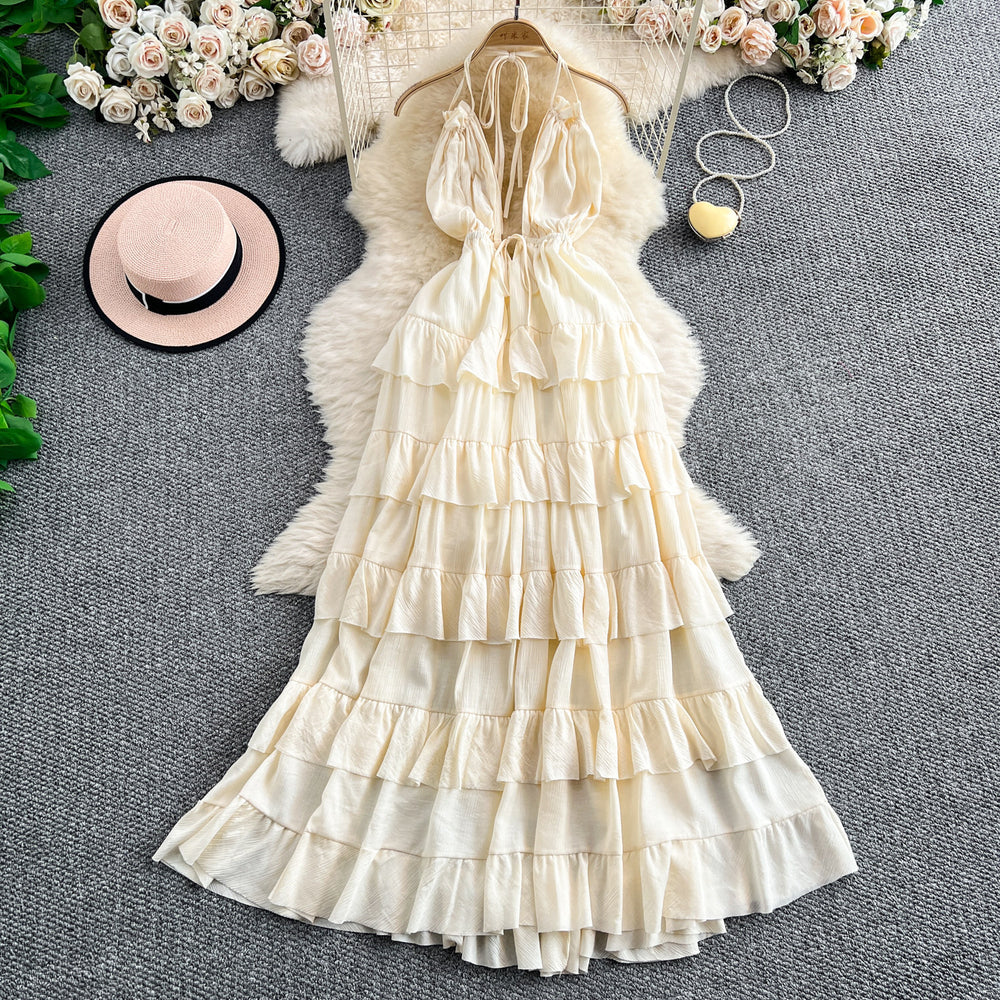 Luxury european and american style halter neck slip dress - women's summer deep v tie-waist exquisite high-end tiered maxi dress