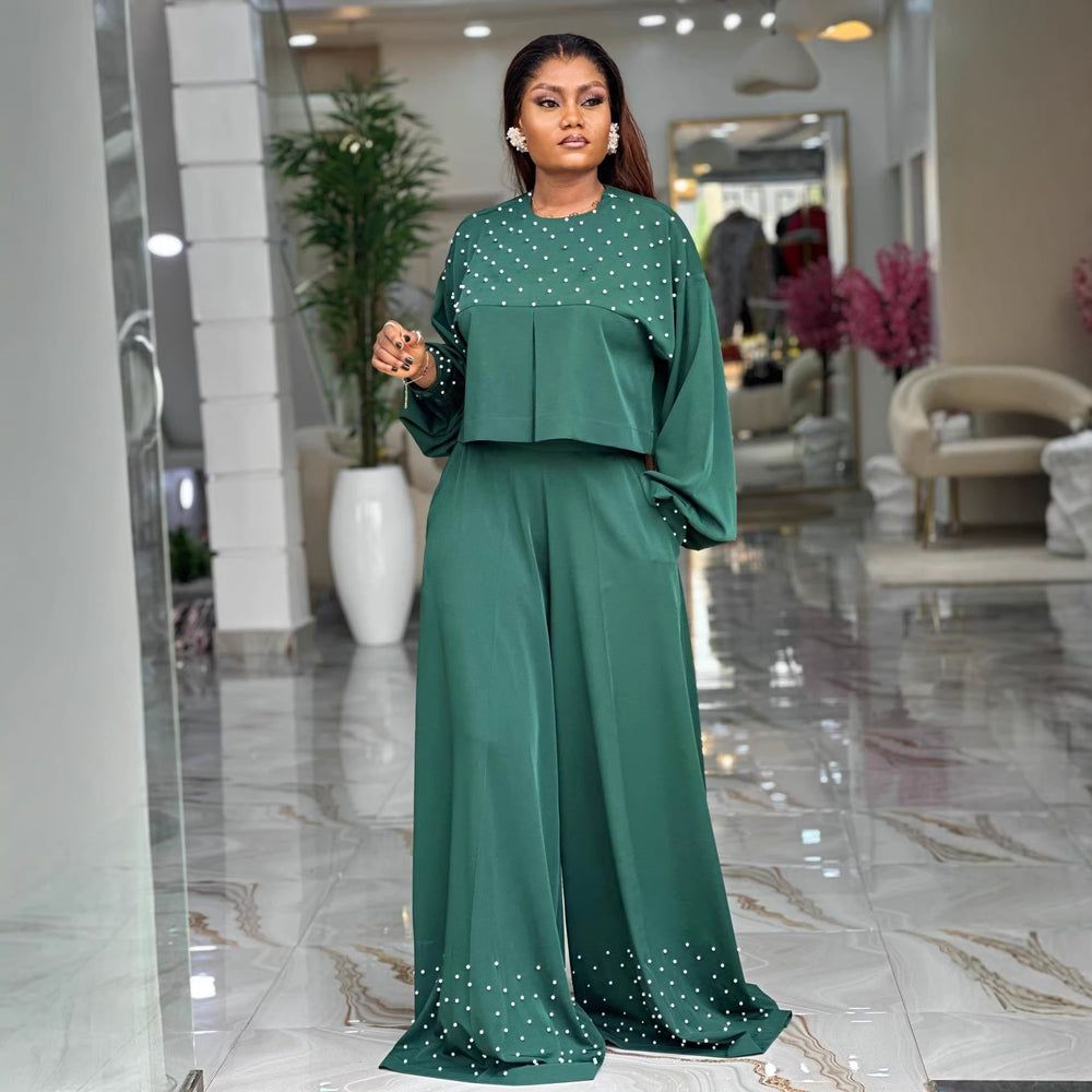 European and american cross-border women's fashion  spring new arrival: elegant round neck beaded lantern sleeve top and wide leg pants set
