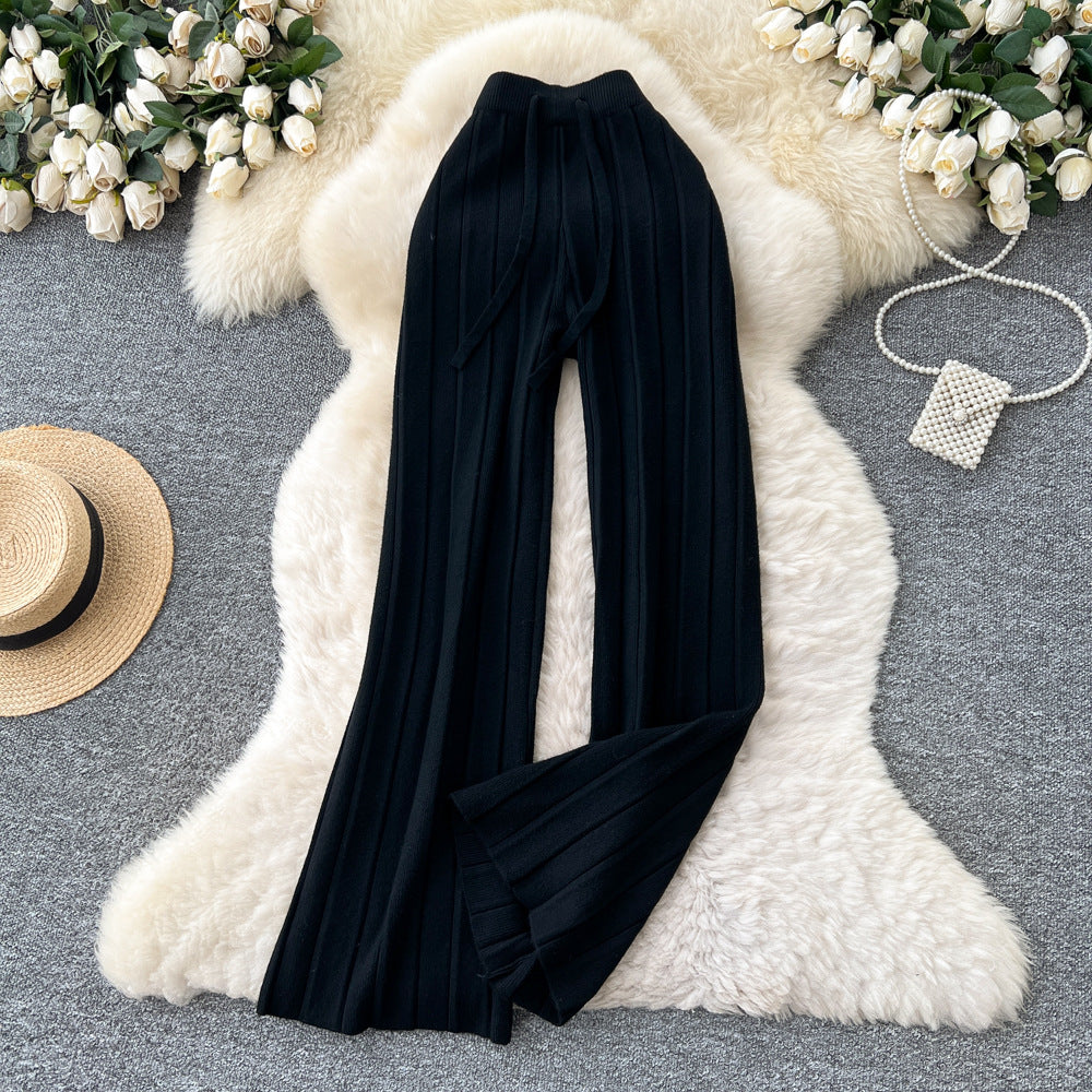 Lazy casualeasiest for matchknittingloose pants for women 2025fall and winterlooseslimming look elastic waist vertical pattern sweaterstraight-leg pants