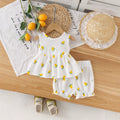 Baby girl lemon print gauze sleeveless ruched tank top with ruffle-trimmed lantern shorts - summer casual outfit