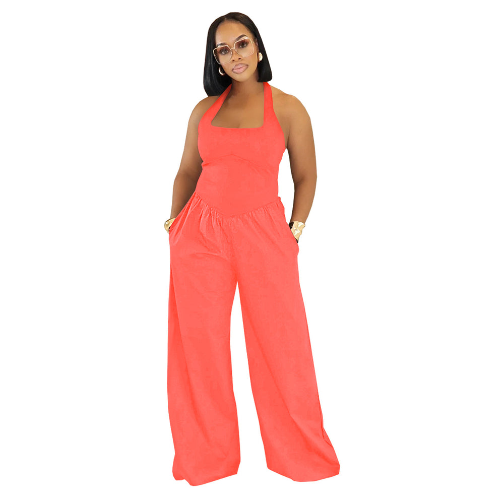 C7390 cross-border   fashion women's casual loose backless halter solid color jumpsuit