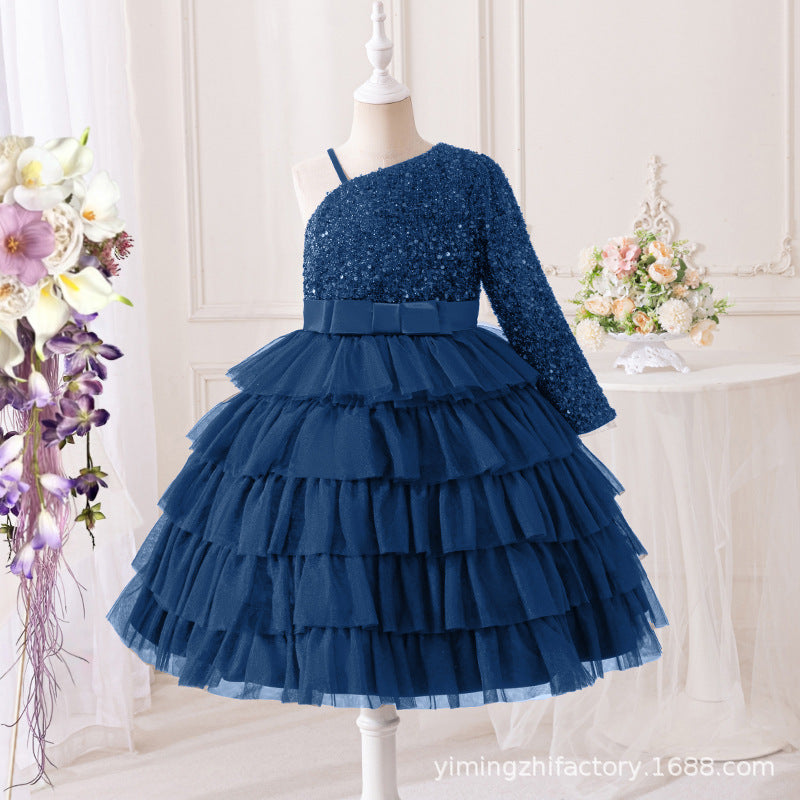 Export cross-border dress girl's oblique shoulder suspender cake skirt sequin strap bowskids princess skirt tutu skirt