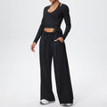 New brushed fleece quick-dry yoga outfit set - three-piece activewear with drawstring and tie details for sports, outdoor training, running, and fitness