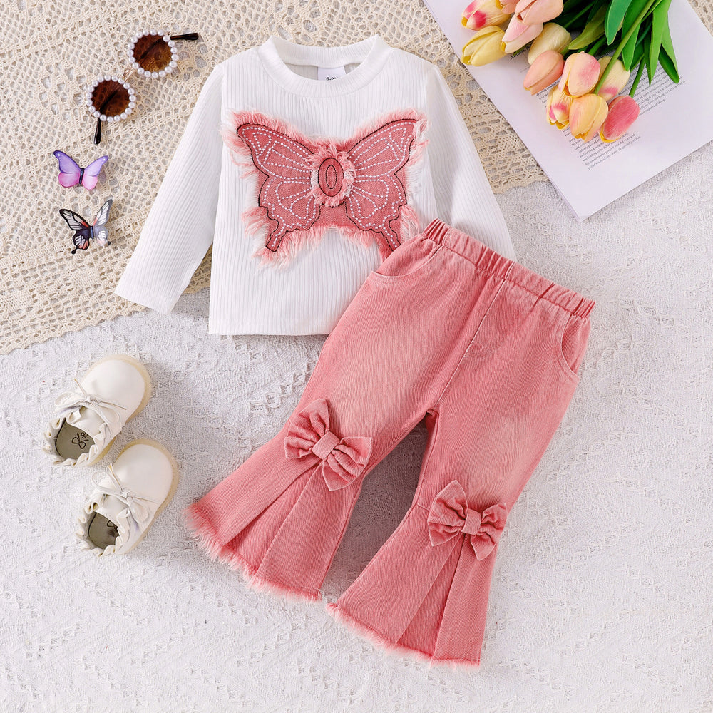insfashionfall and winter hot-selling pants suit long sleeves patch butterfly topsmatching flared jeans suit
