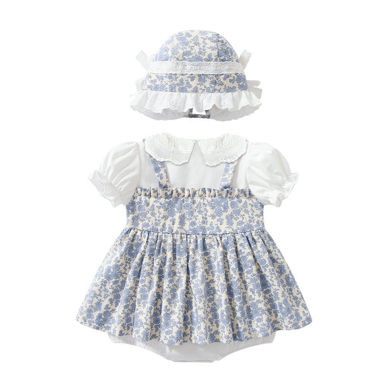 Baby skirt printing short-sleeved suspender skirt lace lapel summergirl bag butt dress princess style floral