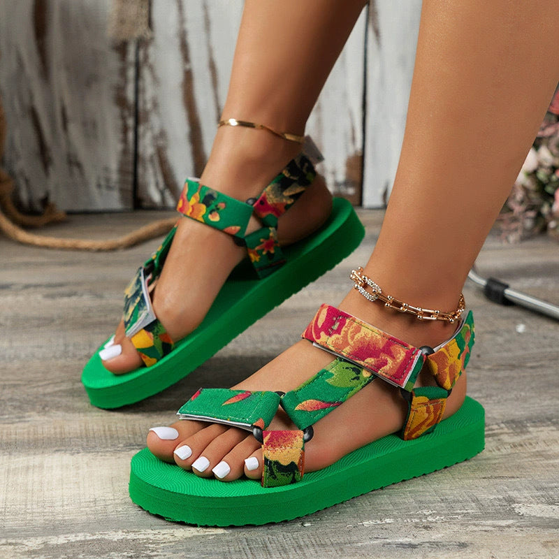 summer new arrivals: chunky sole canvas ethnic style women's peep-toe color block velcro beach sandals - plus size in stock