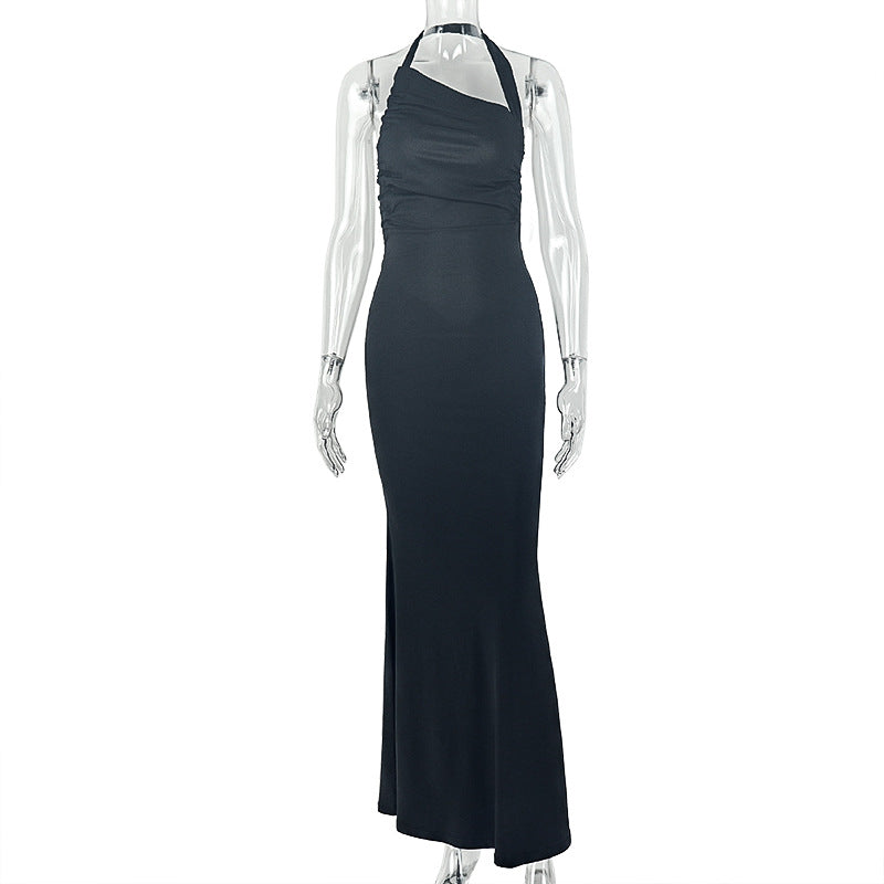 Fashion styleexportfashion low-waist women's halter oblique collar hip skirt daily hiking backlesspure color long dress