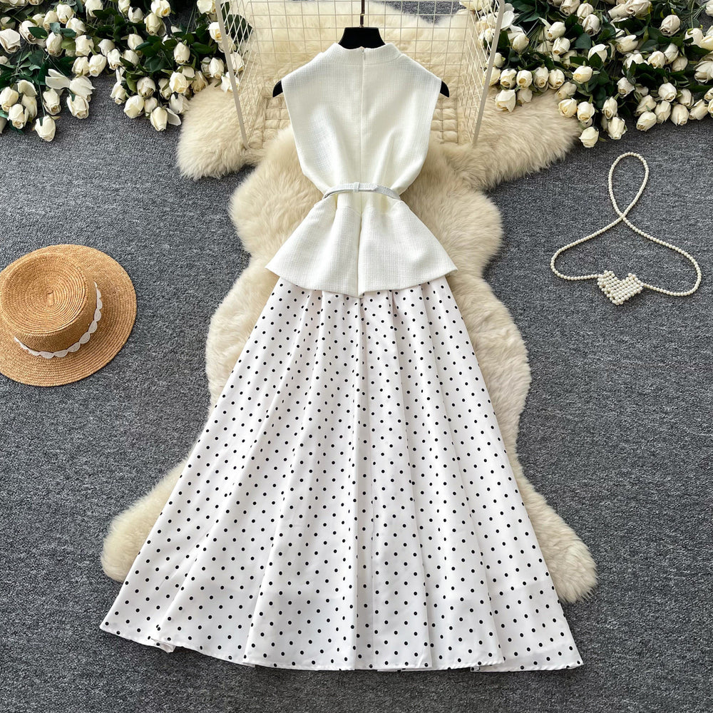 French sleeveless polka dot light luxury elegant dress women's summer slimming look single breasted belt fake two-piece a-line skirt