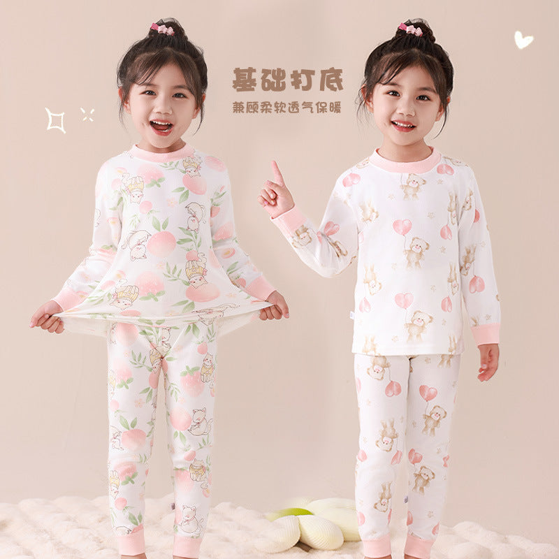 Kids' 100% cotton thermal underwear set - boys' and girls' spring/autumn warm printed pajamas