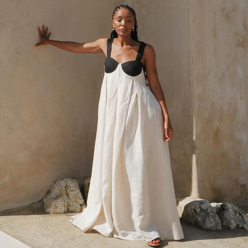 European and american cross-border women's fashion:  autumn new arrival - elegant color block tie-back open back maxi dress with spaghetti straps