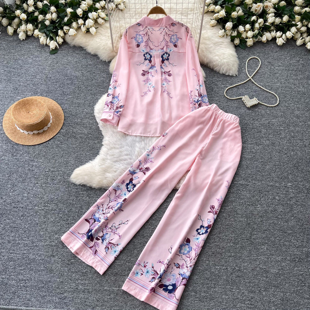 Light mature style printed cardigan wide-leg pants two-piece set for women autumwork clothingcasualslimming lookeasiest for matchsuit