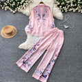 Light mature style printed cardigan wide-leg pants two-piece set for women autumwork clothingcasualslimming lookeasiest for matchsuit