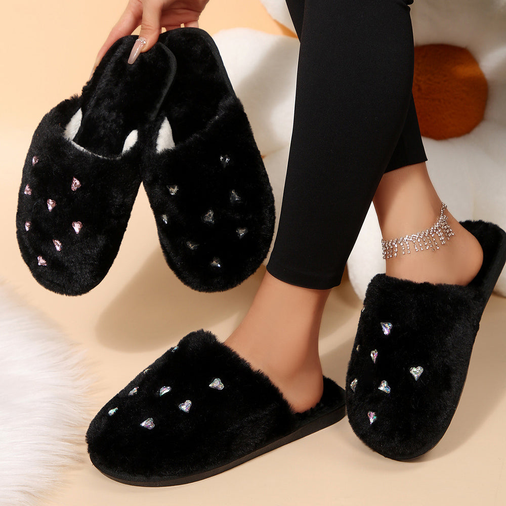 2025 winter new arrival: rhinestone heart slippers - closed toe, extra thick, warm, comfortable plush cotton slippers - dropshipping available