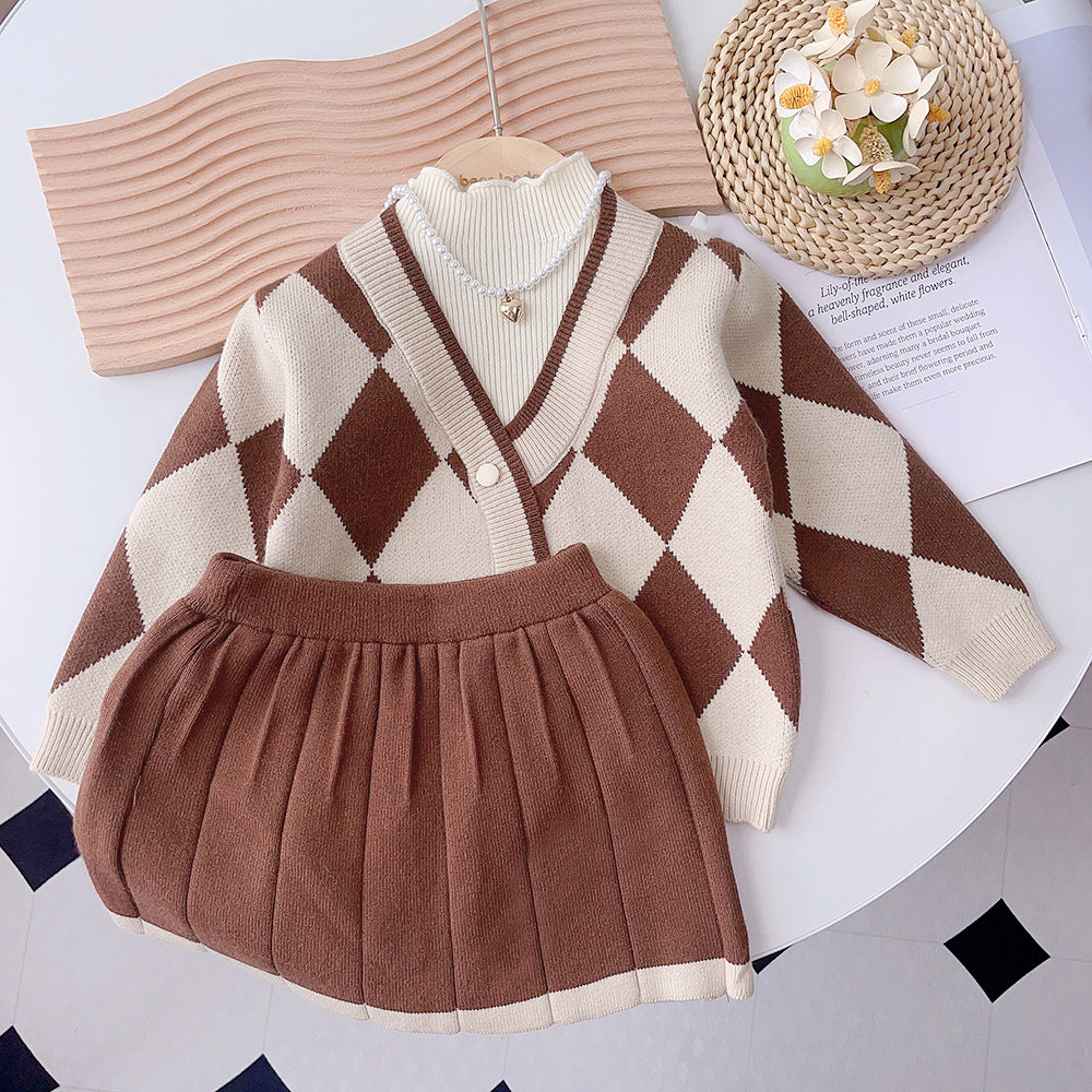 Girls' ribbed knit sweater dress set - new autumn/winter two-piece style: knitted cardigan and skirt set - cross-border children's wear