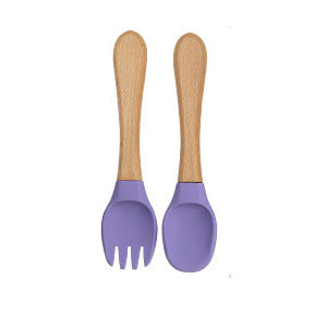 Factory direct sales silicone wooden handle complementary food fork and spoon  baby spoon baby training eating fork and spoon set wholesale