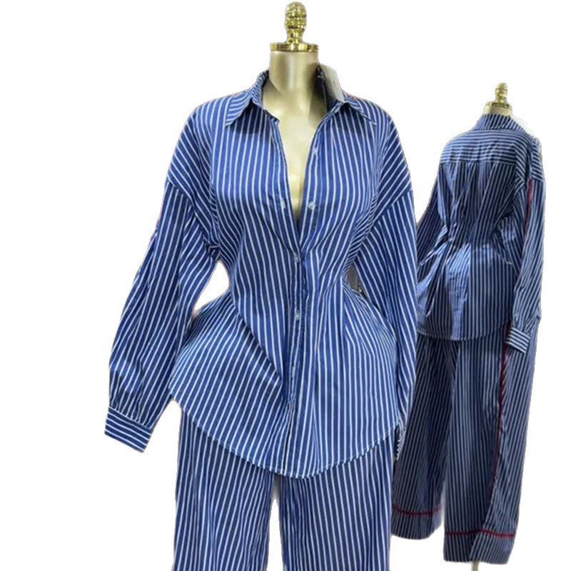 European and american cross-border women's fashion:  autumn new collection - stylish lapel blue striped shirt and wide-leg pants casual set