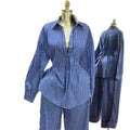 European and american cross-border women's fashion:  autumn new collection - stylish lapel blue striped shirt and wide-leg pants casual set