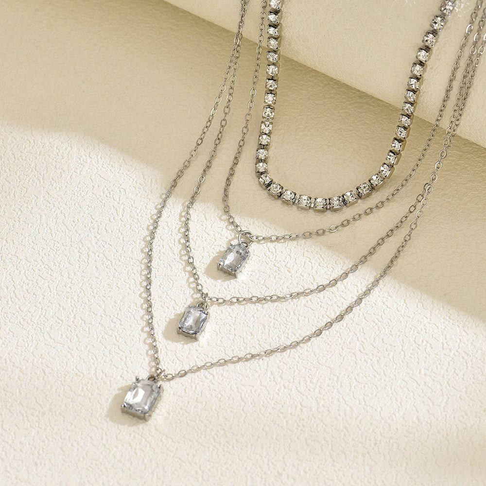 Square rhinestone pendant wholesale - european & american cross-border style, unique multi-layer necklace, light luxury, high-end full diamond chain necklace for women