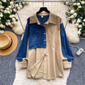Trendy retro patchwork denim shirt for women - long sleeve, loose fit, cardigan style, versatile and chic top for autumn