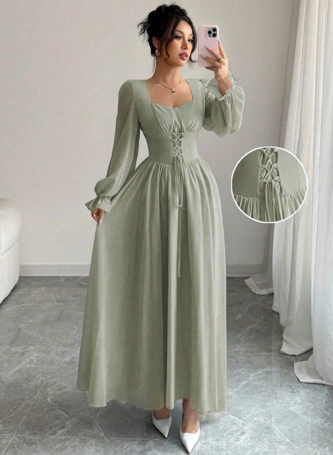 Fashion cross-border  overseas hot style mint green waist simple pure color square collar long sleeves large hem version long skirt