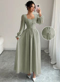 Fashion cross-border  overseas hot style mint green waist simple pure color square collar long sleeves large hem version long skirt