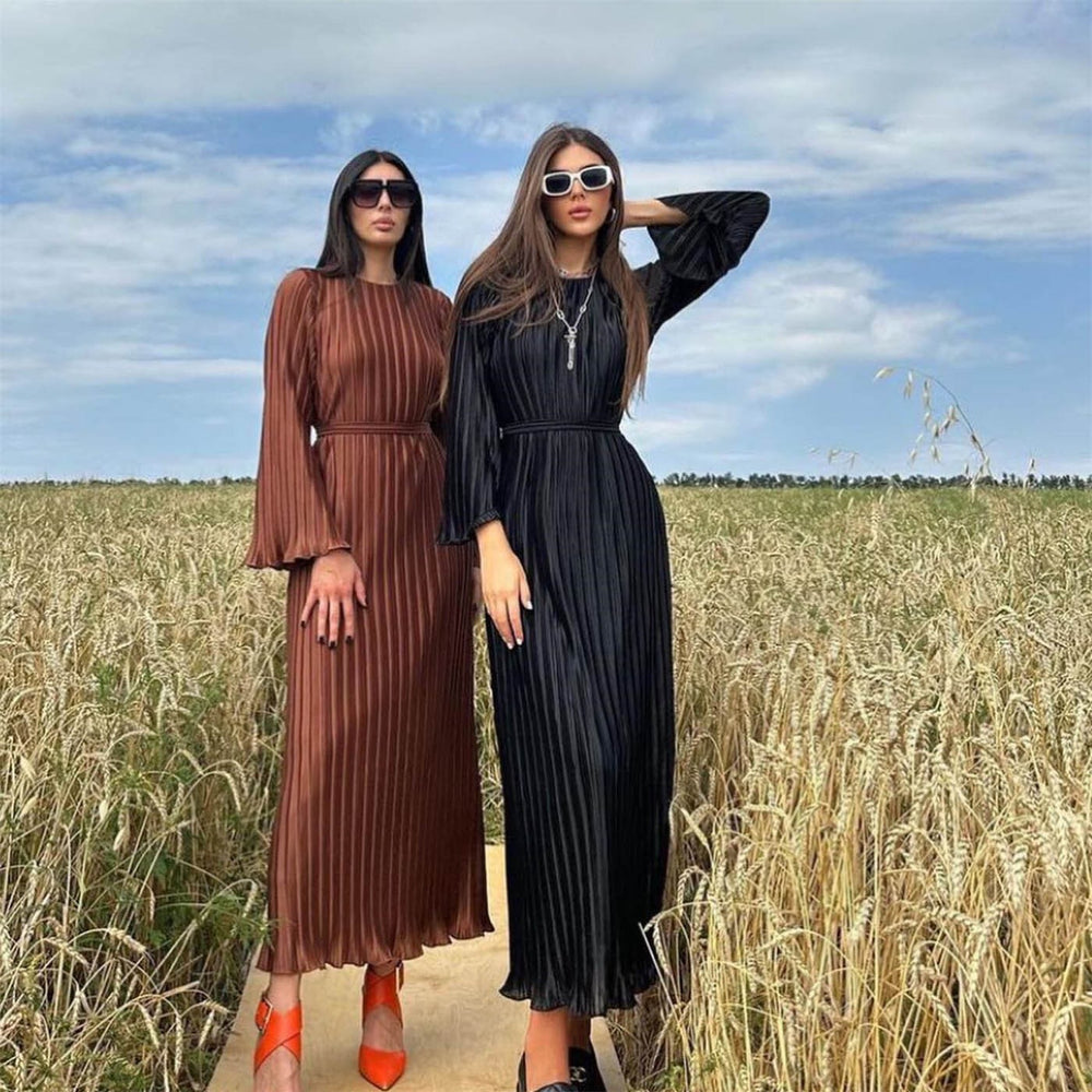 European and american cross-border women's fashion:  autumn hot-selling solid color flared sleeve round neck slim fit elegant dress