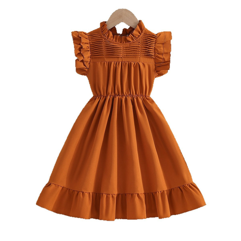 Exportsummergirldress orange brown flying sleeve vest finale lacepatchworkpleatedkids princess dress