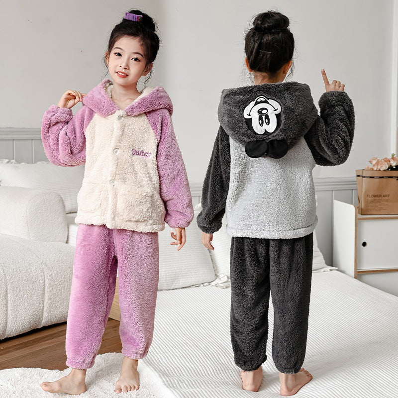 Girls' cartoon strawberry bear hooded pajamas - winter home wear two-piece set - warm, fleece-lined, and extra thick (sizes for toddlers to big kids)