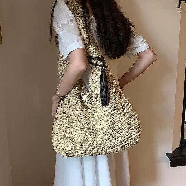 Mori Lazy Wind Woven Bag Stylish and Simple Shoulder Bag Handmade Woven Bag Casual Versatile Large Capacity Beach Bag