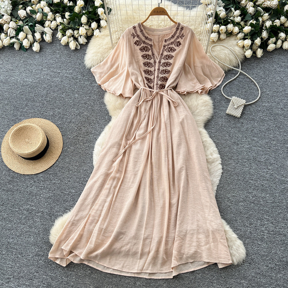 French chic embroidered v-neck dress - women's summer short sleeve, slim fit a-line maxi dress for vacation