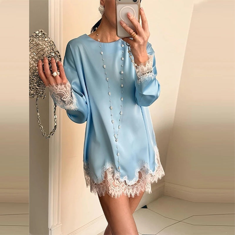 cross-border european and american women's clothing: new autumn collection - fashionable and elegant solid color lace patchwork hollow-out mini dress