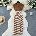 Korean chic niche retro fashion color block diagonal stripe dress - women's slim fit bodycon knit mini dress with slit