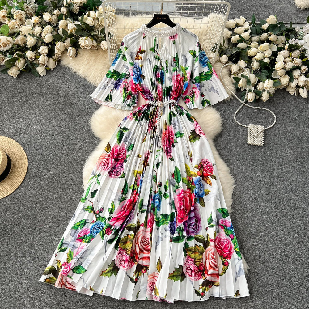 European style plus size women's high-end printed, heavily beaded, pleated long formal dress with pleated skirt - elegant women's dress