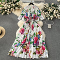 European style plus size women's high-end printed, heavily beaded, pleated long formal dress with pleated skirt - elegant women's dress
