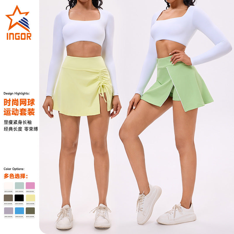 New summer fitness running sports skirt long sleeve top with padded bra tennis outfit golf tennis skirt for women
