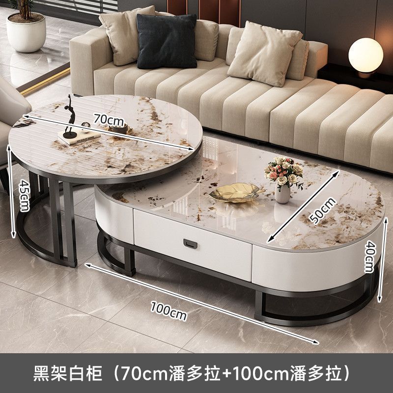 Italian light luxury oval glass coffee table living room home tea table high-end marble combination coffee table set